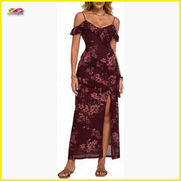 Boho Maxi Dress Cold Shoulder Split Thigh Summer Beach Casual Chic
